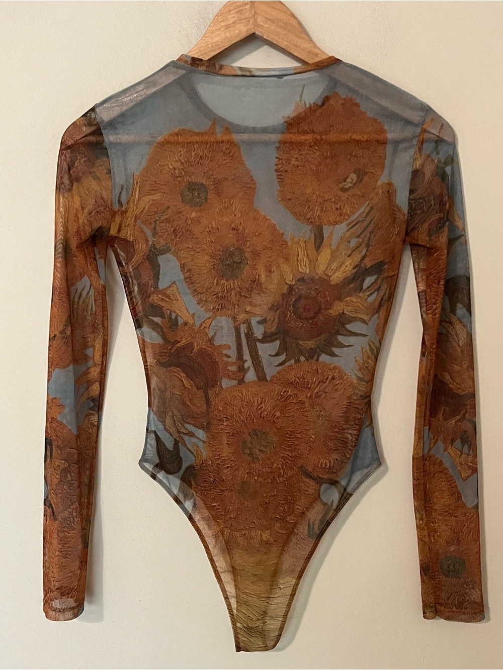 Van Gogh Sunflower Print Mesh Long Sleeve Bodysuit Sheer Layering Top S - Picture 8 of 9